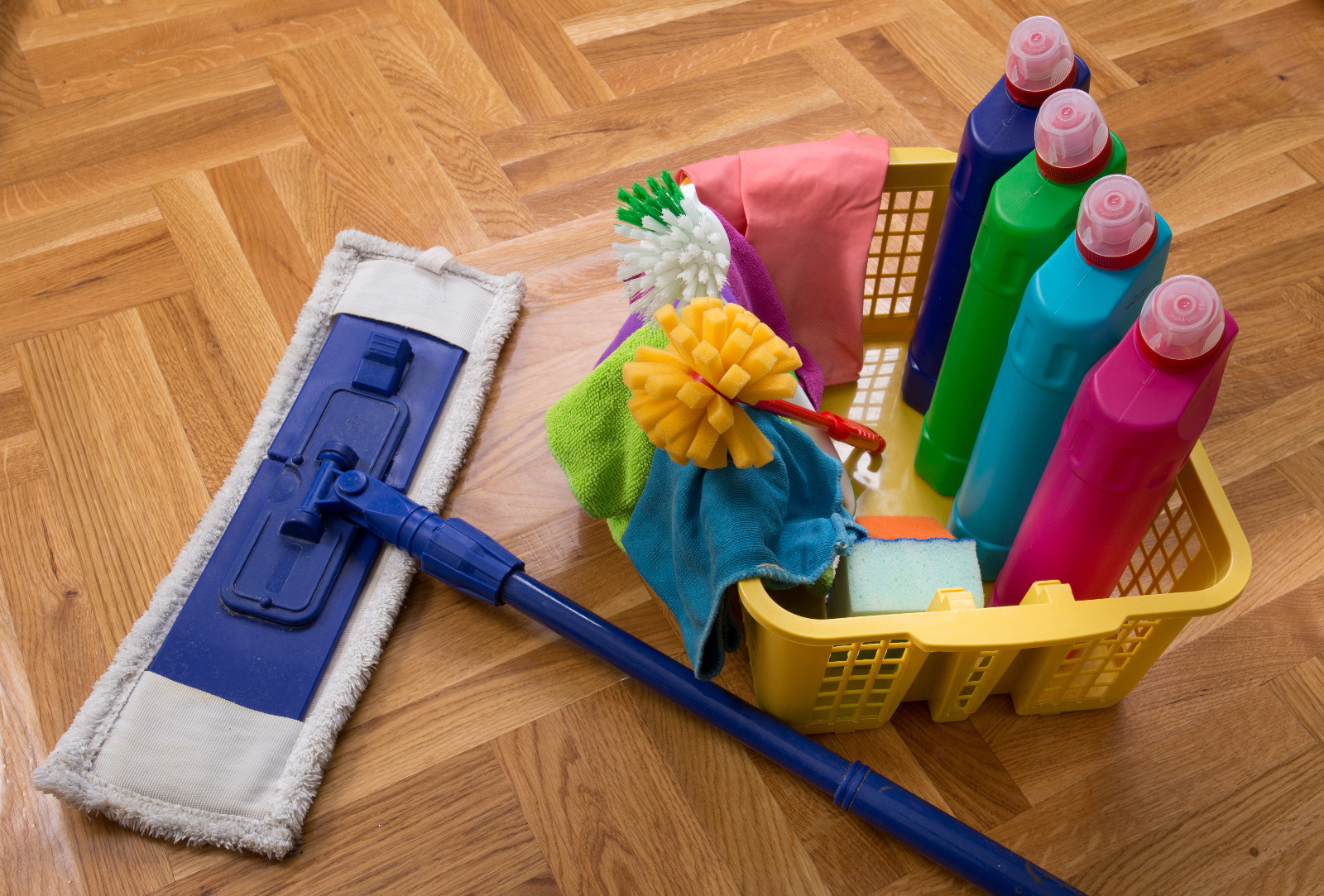 Wood Joyful Restoration in Lee: aftercare kit with microfibre flat mop and gentle cleaners on an oak herringbone parquet (solid wood) floor.