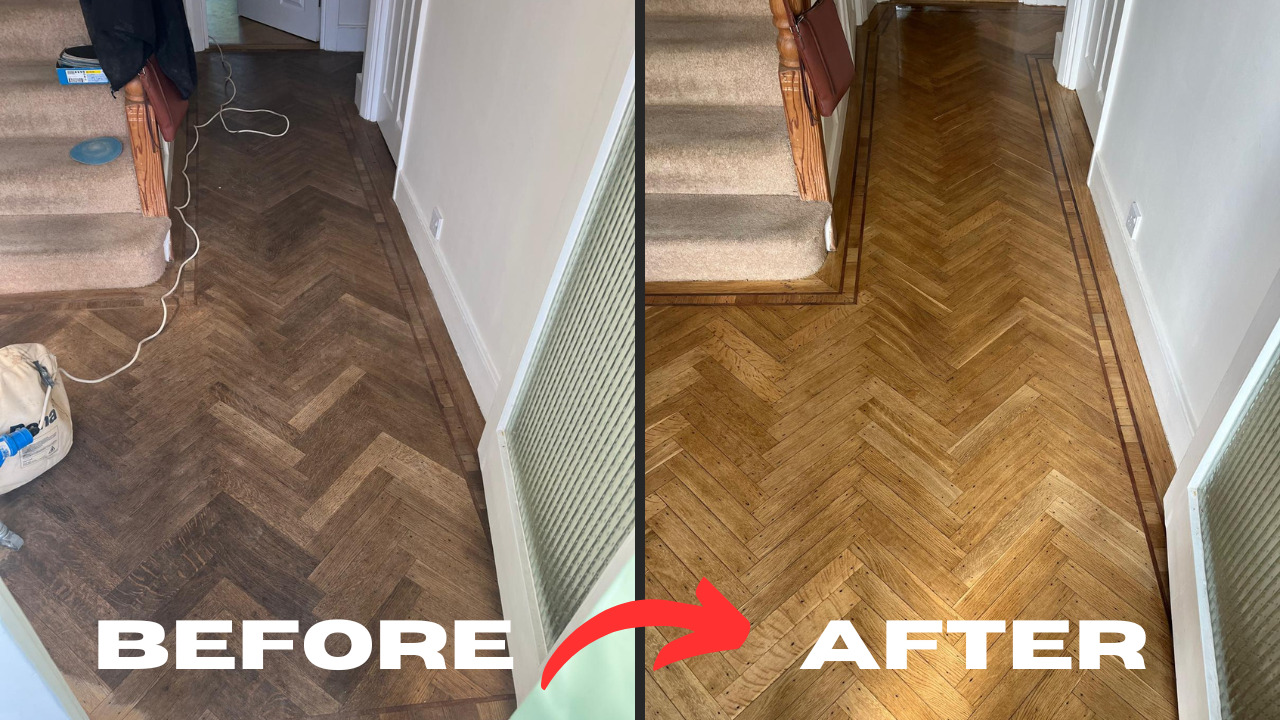 Wood Joyful Restoration in Lee: before-and-after of an oak herringbone parquet hallway (solid wood) restored with sanding, resin gap filling and satin lacquer.