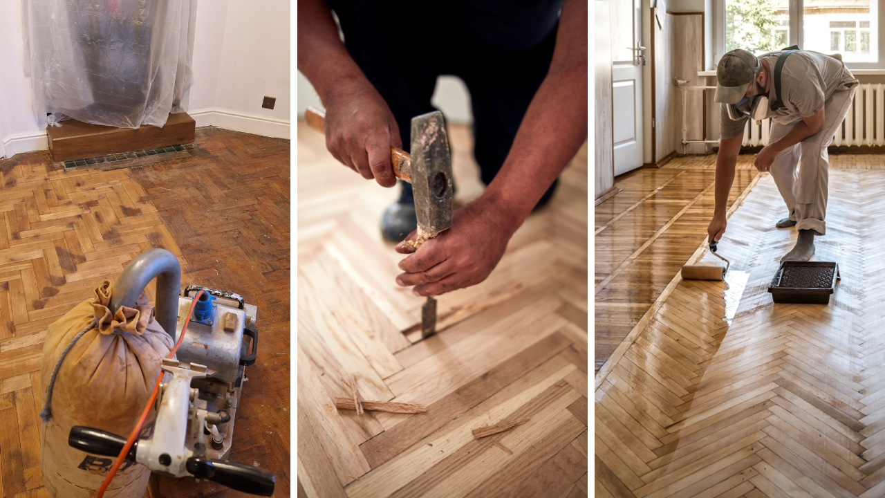 Wood Joyful Restoration in Lee: three-stage parquet process—dust-extracted sanding, hand repairs to blocks, and roller-applied lacquer on oak herringbone (solid wood).
