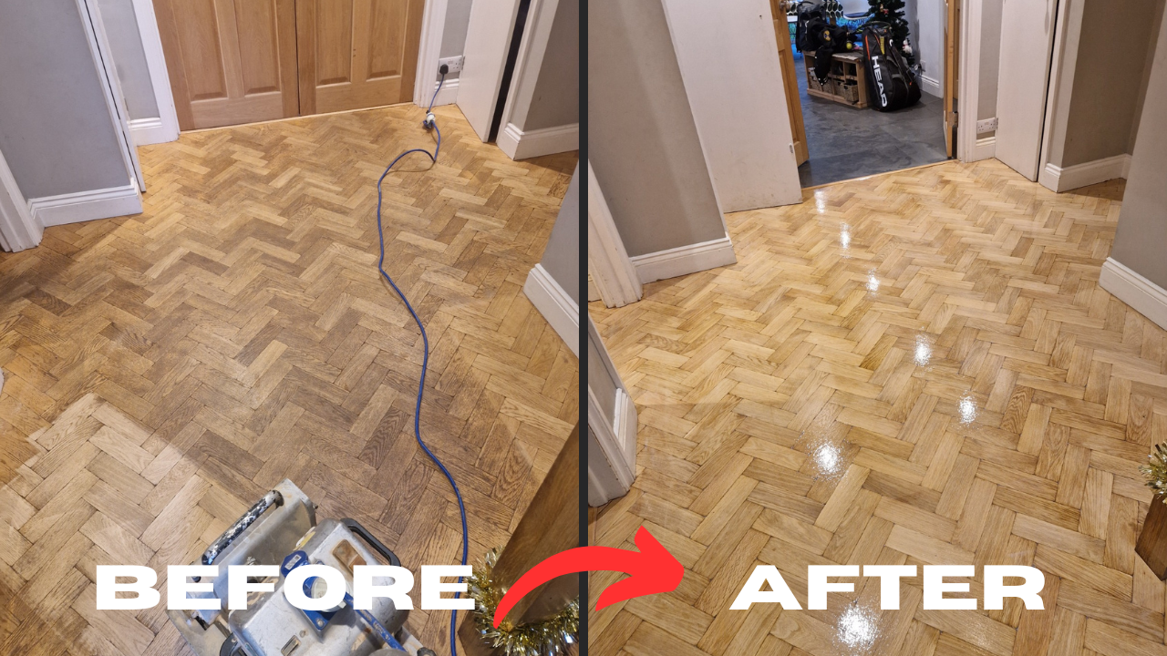 Before and after parquet floor sanding in Lee showing an oak herringbone parquet hallway restored from dull, worn blocks to a bright, smooth finish.