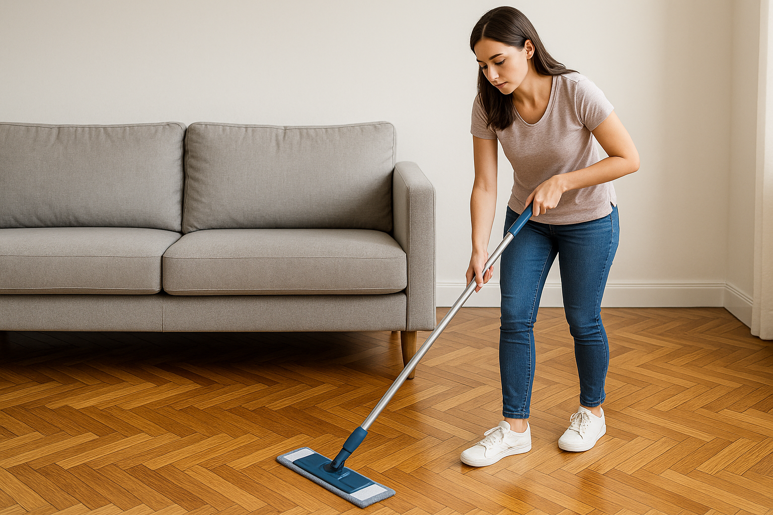 Woman cleaning an oak herringbone parquet living room floor in Lee after Parquet Floor Sanding, keeping the restored parquet flooring in top condition.