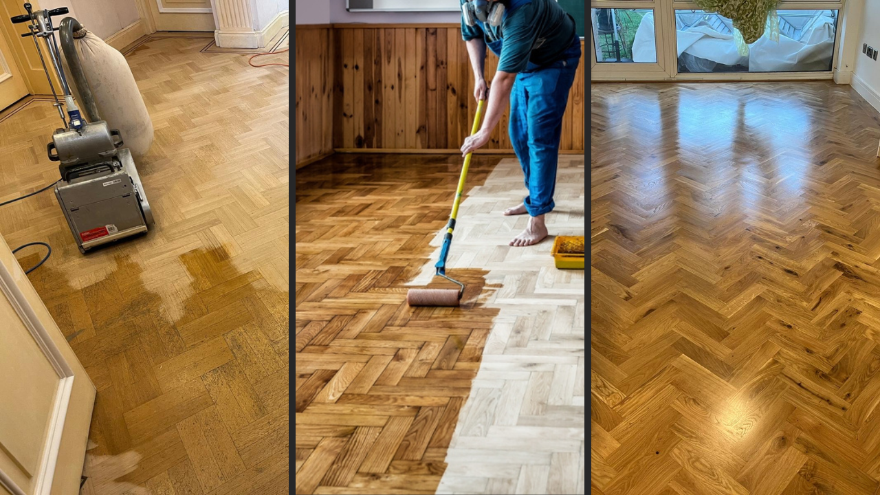 Parquet Floor Sanding in Lee on an oak herringbone parquet floor, showing sanding, staining and finishing stages from dull wood to a rich, glossy surface.