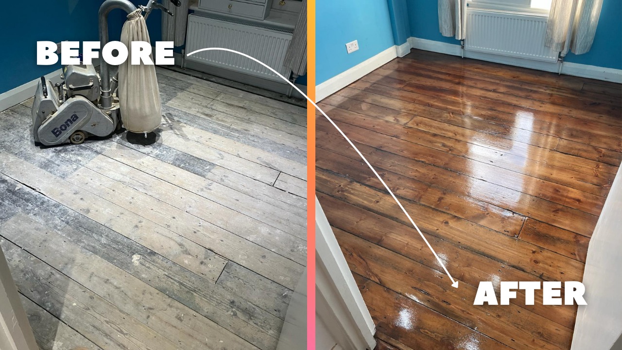 Wood Floor Sanding in Lee showing a before-and-after transformation of original pine wood floorboards from dusty, worn planks to a smooth, glossy restored finish.