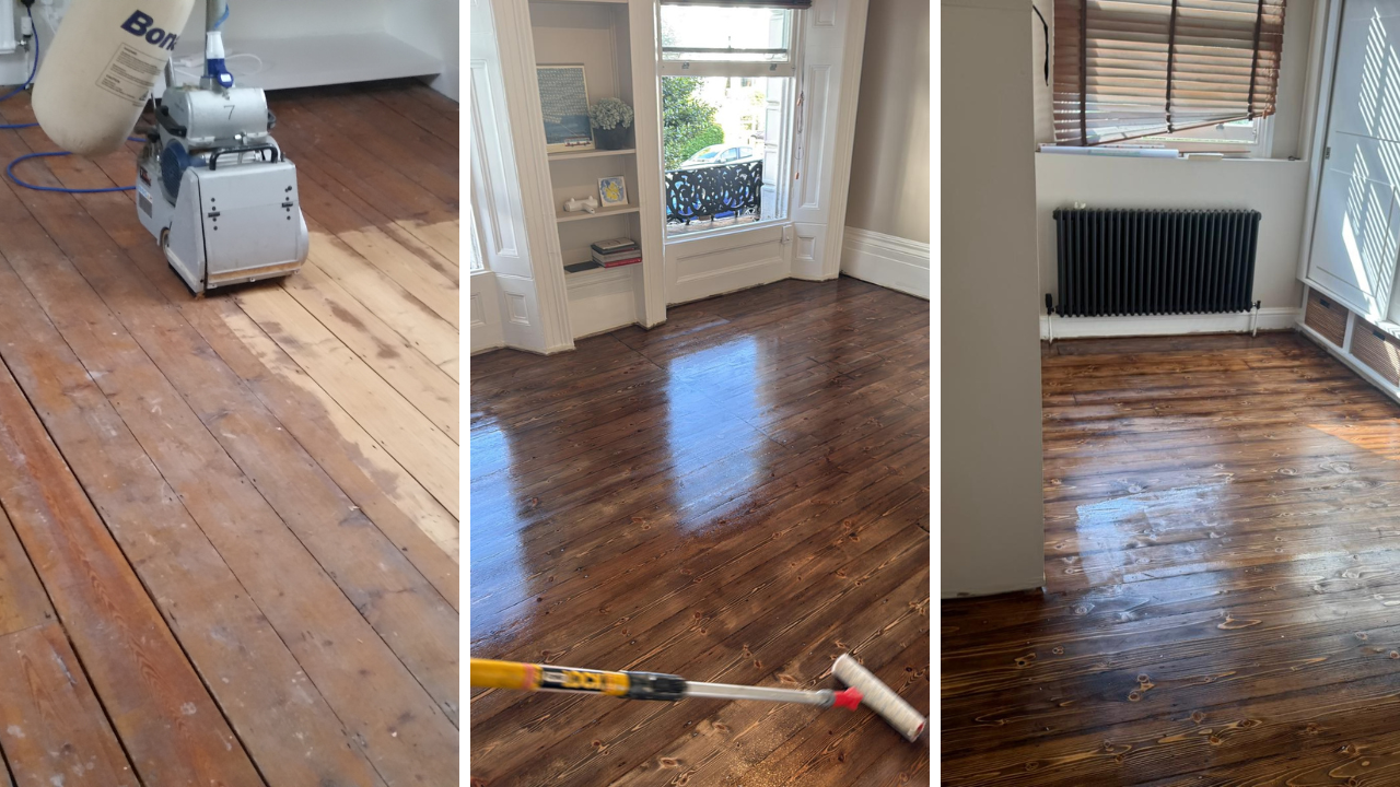 Wood Floor Sanding in Lee on Victorian pine floorboards, showing three stages from bare sanding with a Bona machine to richly stained and lacquered finished timber floors.